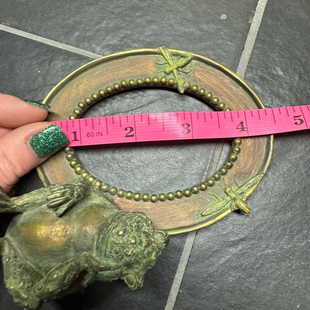 Vintage Style Bronze Toad Frog Dragonfly Oval Picture Frame Verdigris Patina